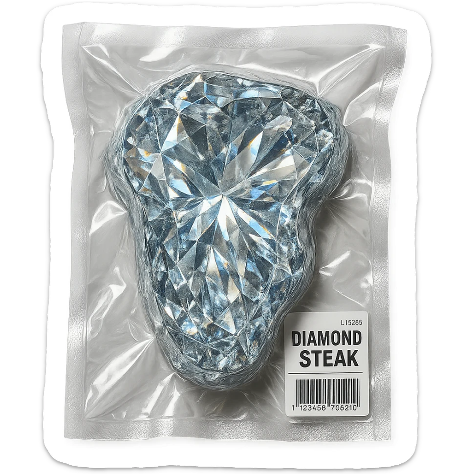 meat steak made of diamond, glossy and puffy, vacuum-sealed style sticker