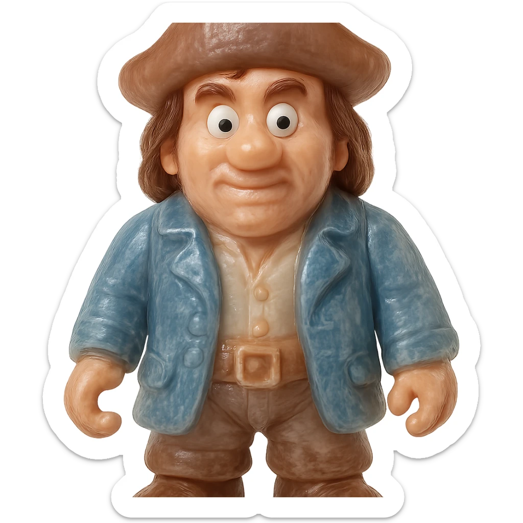 hyper-detailed retro 90's toy style pirate, very transparent, natural skin tone, brown hair, blue coat, soft plastic, derpy eyes, soft reflections, soft and squishy, some cloudiness, not shiny, highly detailed, appealing, no tag, no background sticker