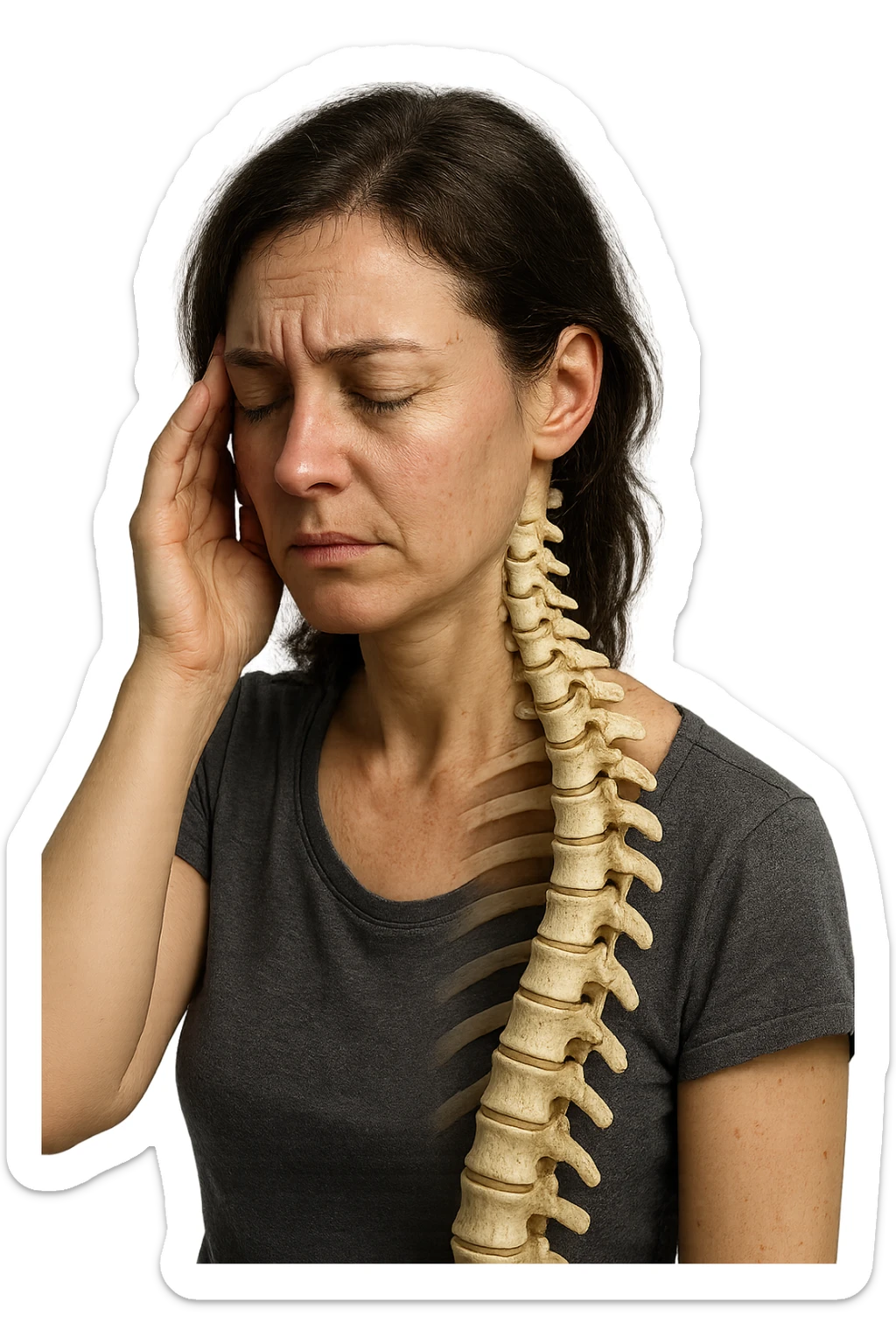 donna stanca che si tiene una mano sulla tempia con spina dorsale anatomica visibile, iperrealistico 4k sticker