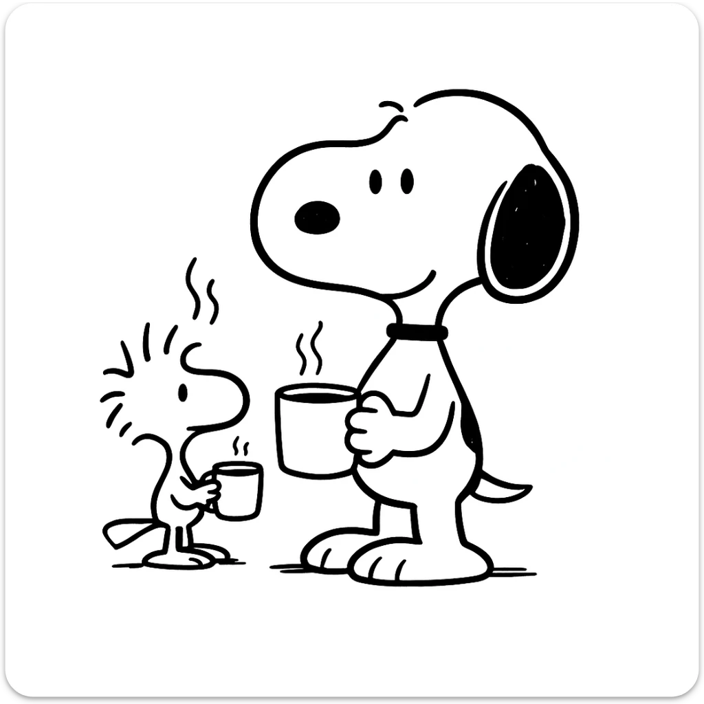 Add Woodstock standing next to Snoopy, both holding a coffee cup, in the black doodle style, preserving the original style's look. sticker