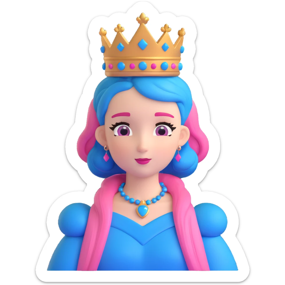 adorable queen with pink and blue hair and a queen crown sticker