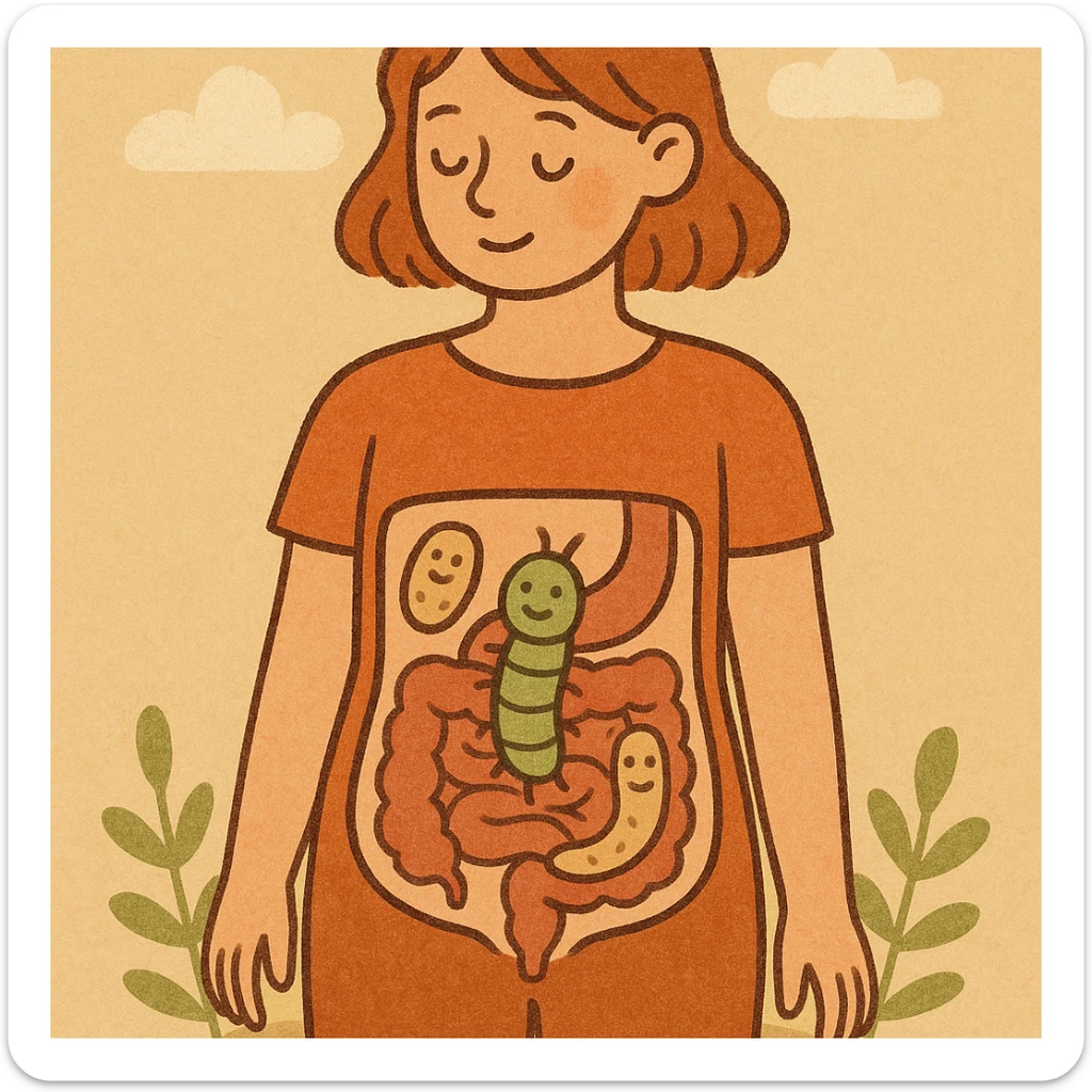 educational cartoon style anatomical section of female body showing intestine with few stylized smiling parasites, light colors, educational atmosphere, no gruesome details, 4K resolution sticker