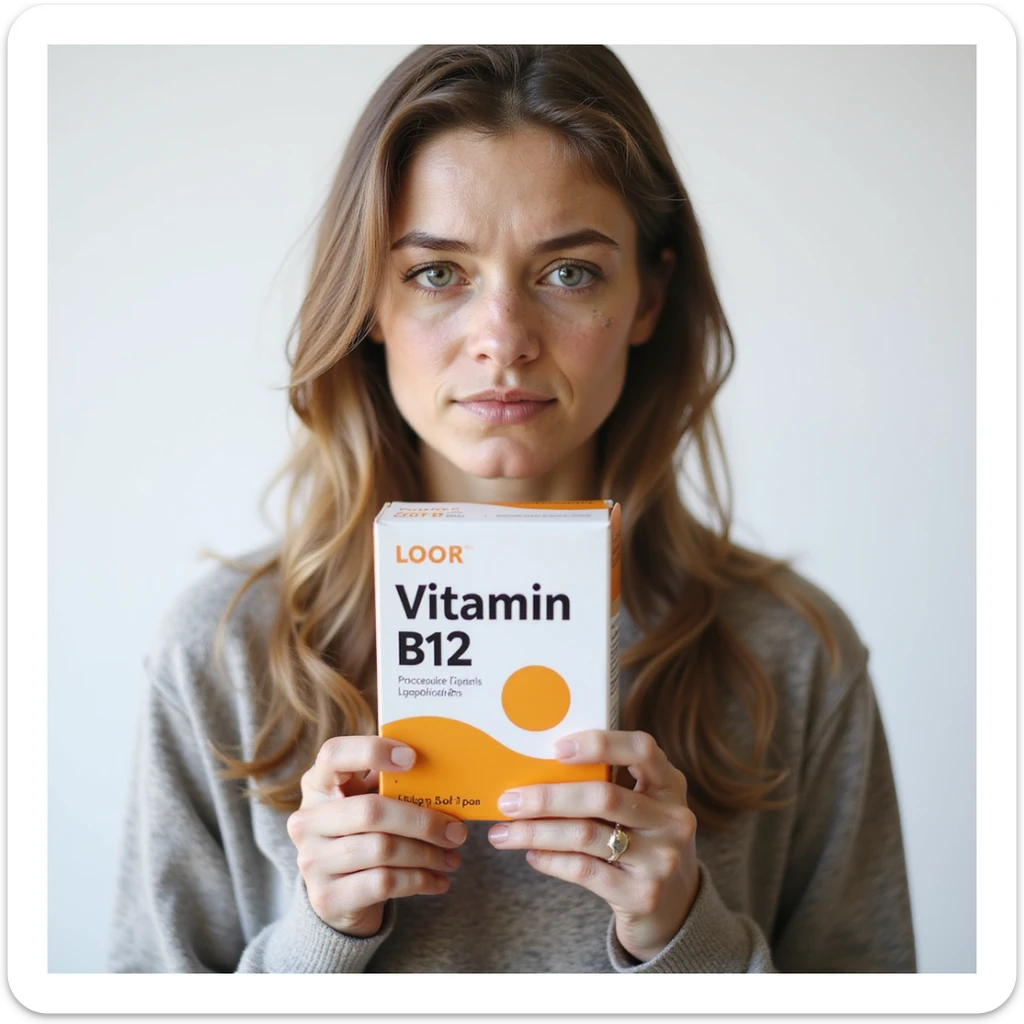 woman with vitamin B12 deficiency holding a box of vitamin B12 supplements, expression of hope but visibly exhausted, pale skin, dark circles, hyperrealistic 4K details, vertical 9:16, white background sticker