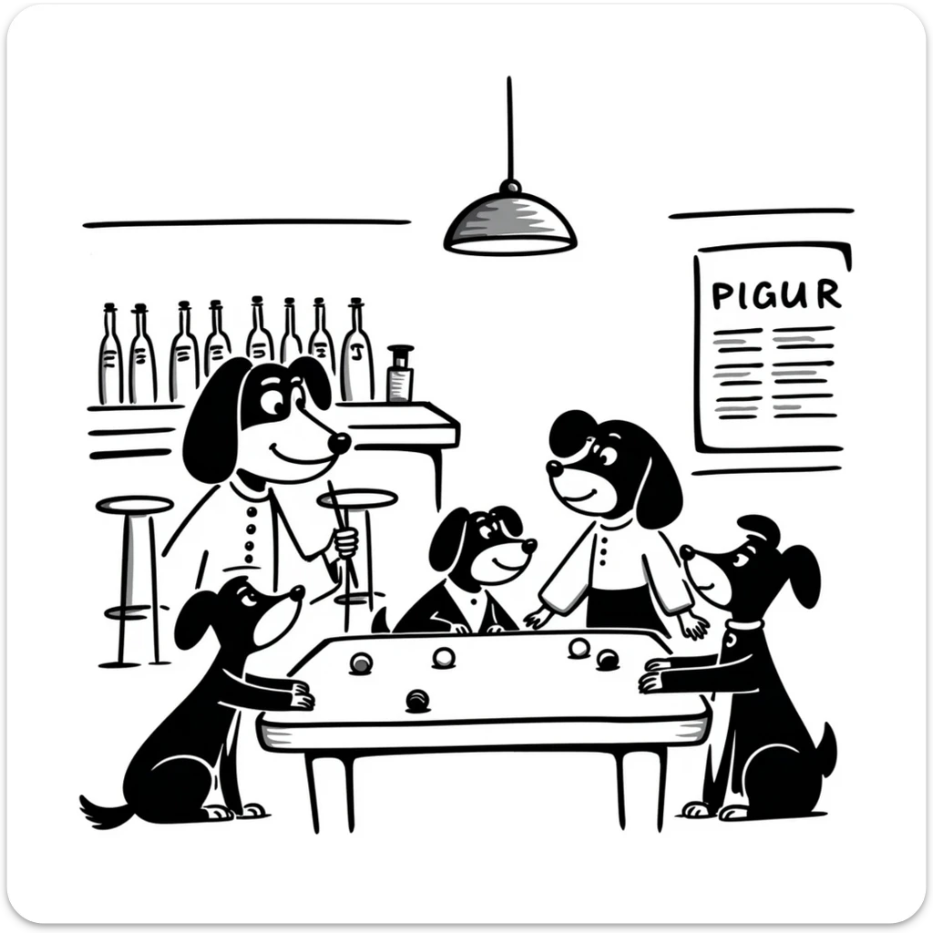 coloring page in Bobbie Goods style: group of dogs around a pool table in a bar, thick black lines, no color fill, ready to color sticker