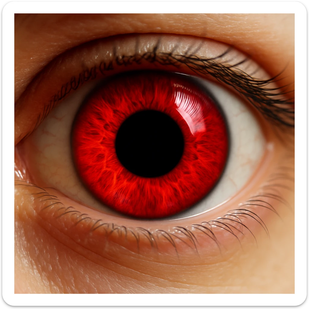 a close-up of a human eye with a vivid red iris and a very large black pupil, extreme focus, plain background sticker