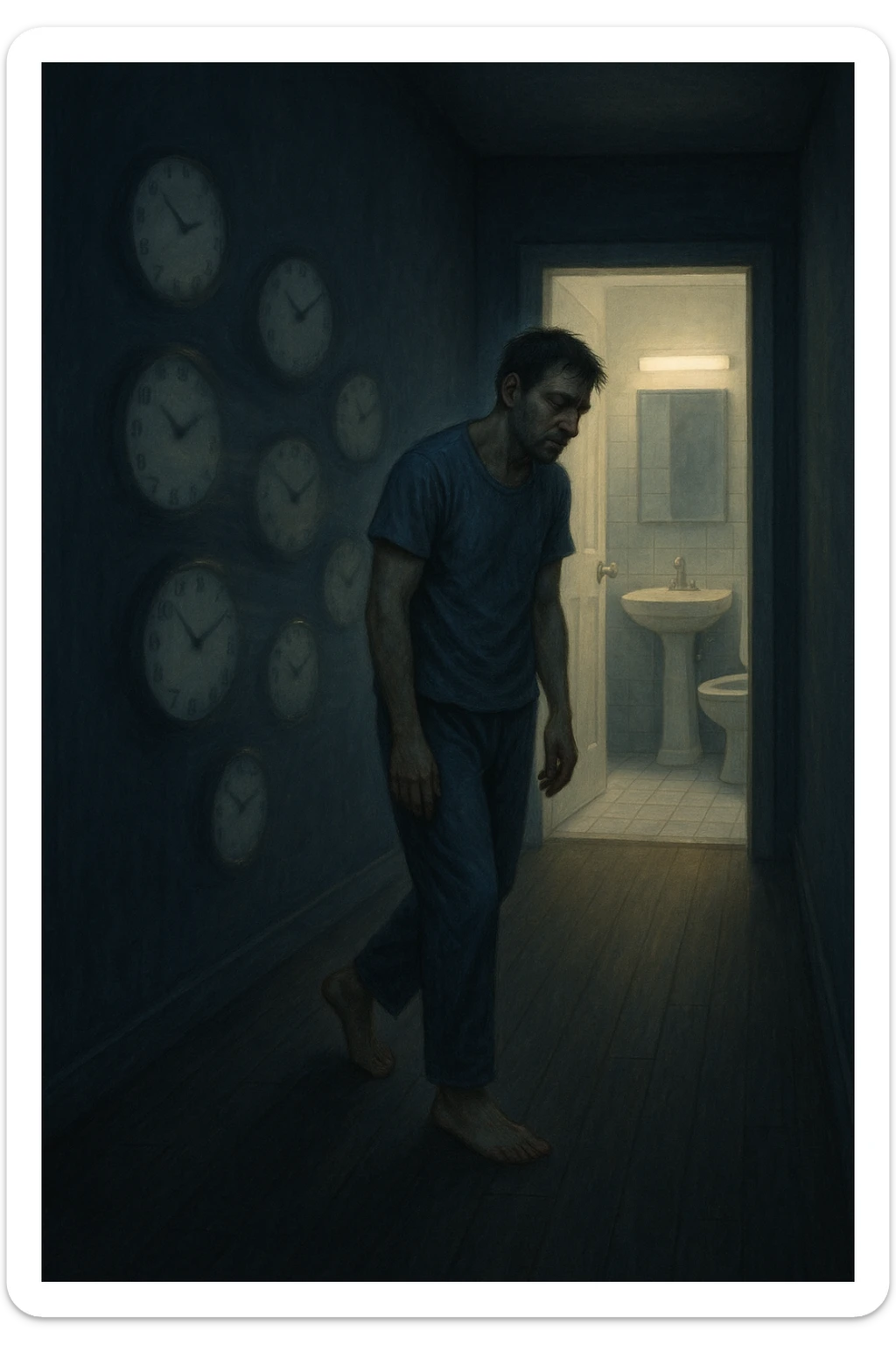 In una scena notturna onirica, un uomo cammina a piedi nudi in un corridoio buio verso un bagno illuminato, ripetutamente. Dietro di lui, come in una scia, ci sono orologi sfocati che simboleggiano il sonno interrotto. Ogni passo è lento, stanco, come se il corpo chiedesse riposo ma la vescica non lo permettesse. sticker
