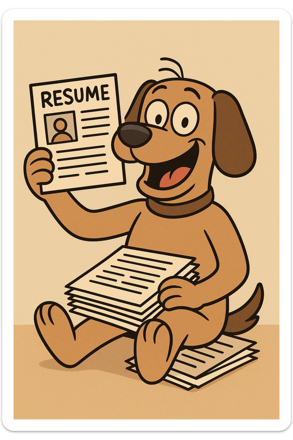 cartoon dog sitting with a pile of resumes in its lap, holding one up proudly, big grin, floppy ears, classic cartoon style, warm and approachable sticker