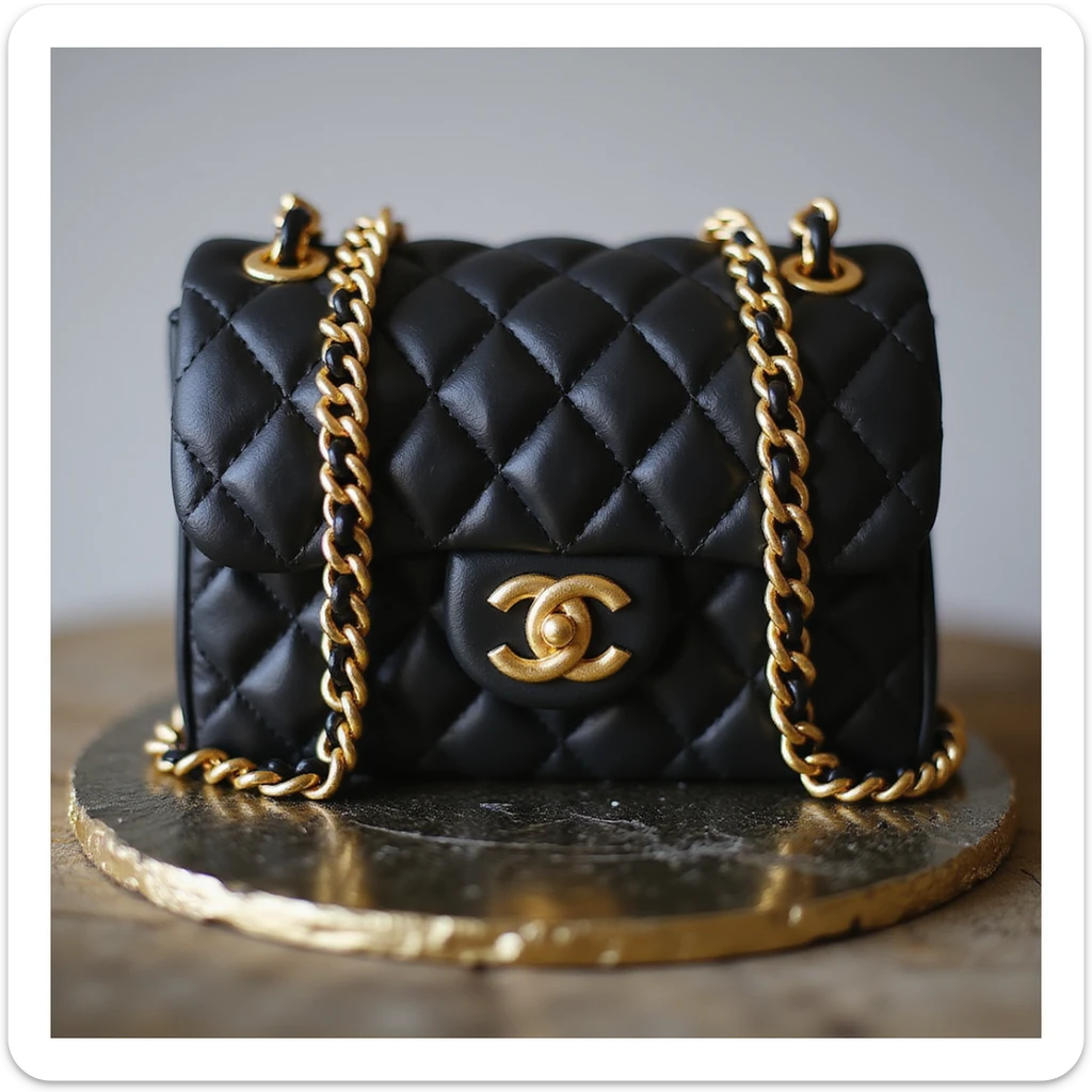 photorealistic Chanel quilted purse cake, black with gold chain, luxury style, no background sticker
