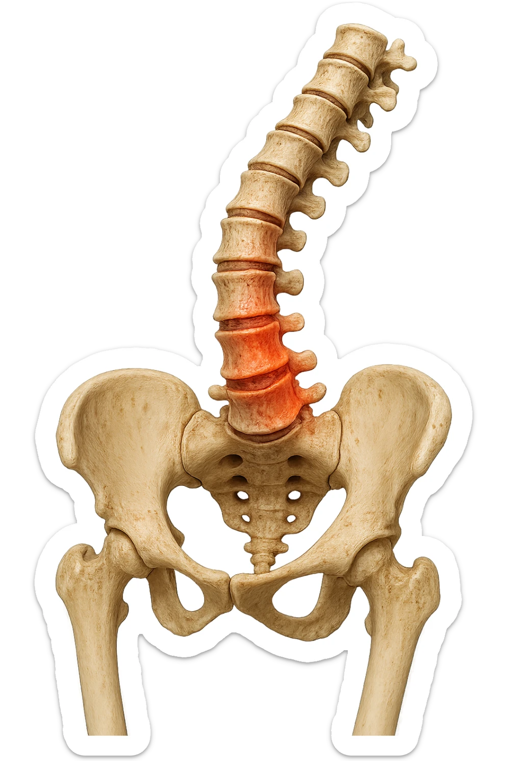 SPINA DORSALE STORTA E INFIAMMATA CON BACINO UMANO ANATOMICO REALISTICO INCLINATO, iperrealistica 4k sticker
