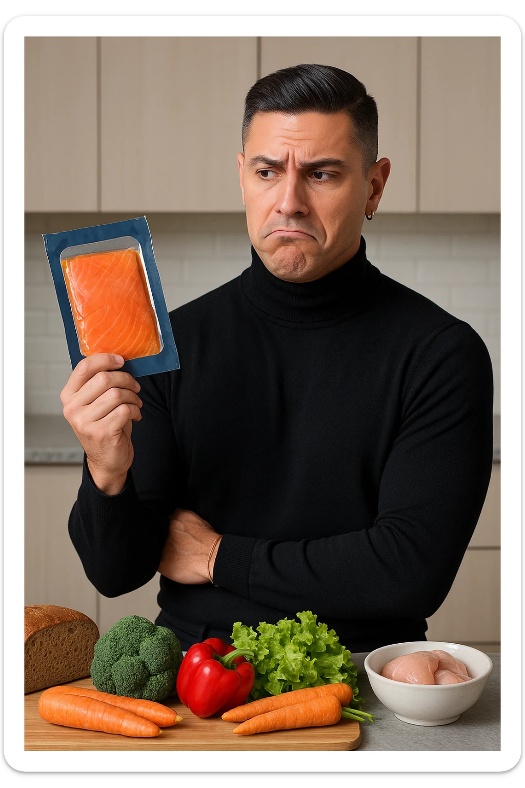 a man stands in his kitchen, holding a package of smoked salmon in one hand. He looks at it with a doubtful, slightly disapproving expression—eyebrows raised and lips pressed together. On the counter behind him, fresh vegetables and healthier protein options are visible, emphasizing his awareness of better choices. The mood is reflective and subtly critical. sticker
