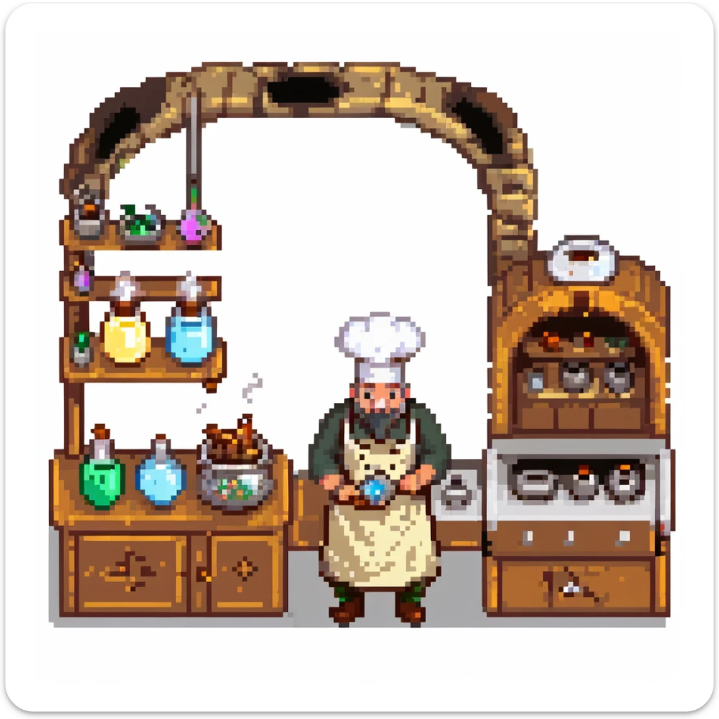 Ein magischer Bäcker mit gläsernen Kolben, dampfenden Mischungen und einem Ofen mit Messingverzierungen. Die UI hat Texturen wie altes Pergament, Rauchschwaden als Hover-Effekt, und Buttons wie Kristallknöpfe.
 sticker