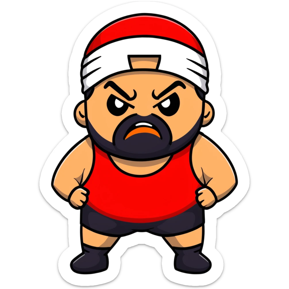 White skin fat guy with prominent black durag, short black beard, black eyes in a red and black wrestling singlet with angry face sticker
