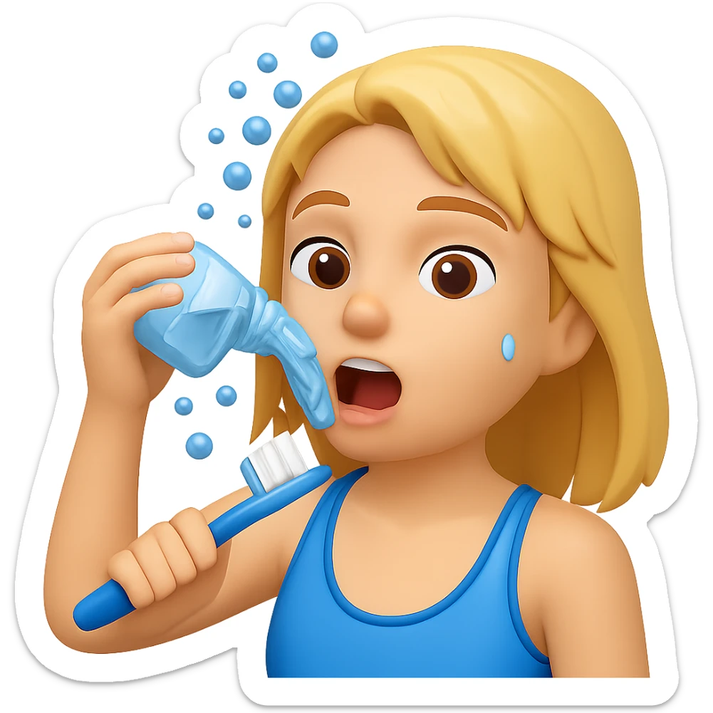 Add a toothbrush to the person rinsing mouth with water, water splashing, in the style of emoji. Keep the emoji style and no background. sticker