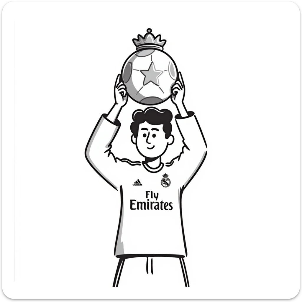 Cristiano Ronaldo in Real Madrid soccer uniform holding the Golden Ball trophy sticker