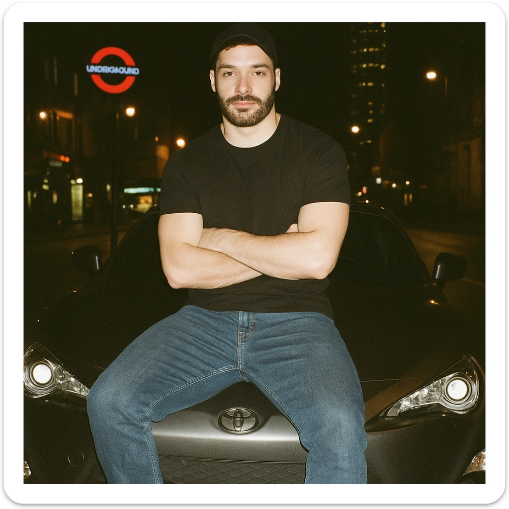 Grunge-style analog photo, London 2025, person inspired by the new reference image sitting on the hood of a Nissan GT 86, model pose, black t-shirt, jeans, Nike Air Jordan low, using flash, city lights, analog grain, 2/8. sticker