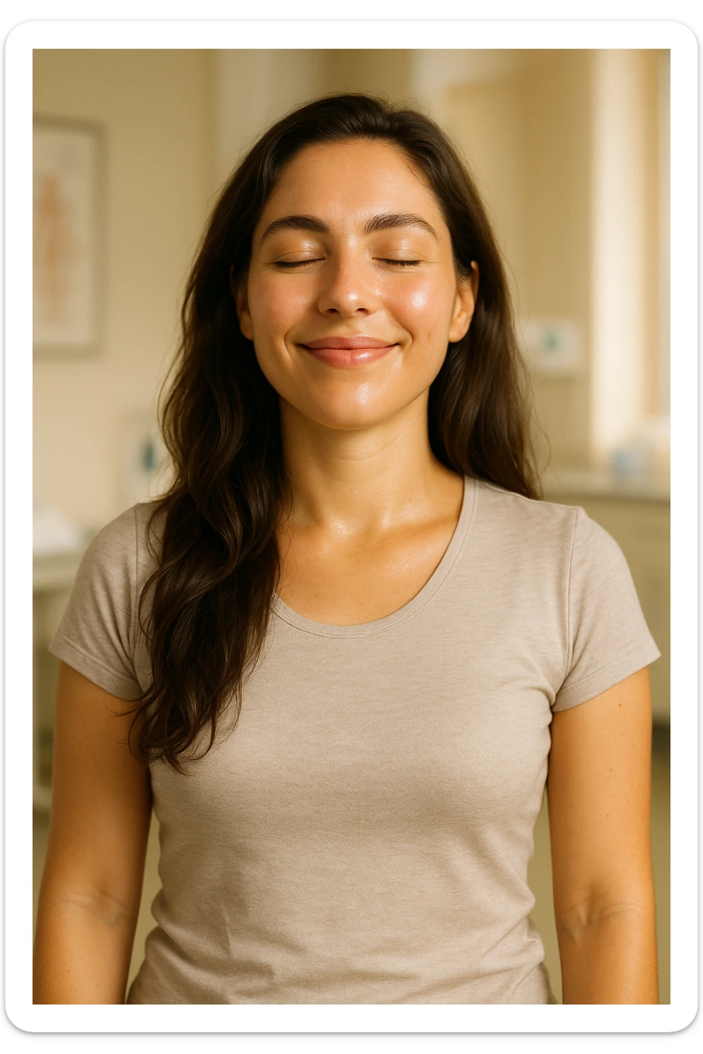 realistic portrait of a woman with PCOS who is finally well, serene and vital appearance, visible signs of wellness and relief, glowing skin, healthy hair, relaxed but energetic posture, reduction of PCOS and premenstrual symptoms, clinical atmosphere, warm natural lighting, vertical 2:3, no text sticker