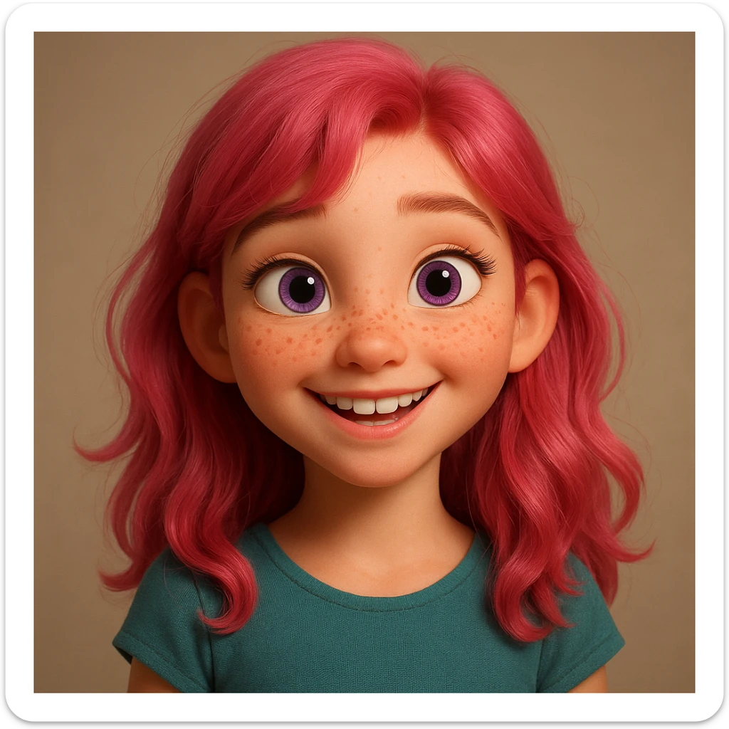 3D Disney-style girl character with pink hair, purple eyes, freckles, smiling, in the style of a Disney animated movie character sticker