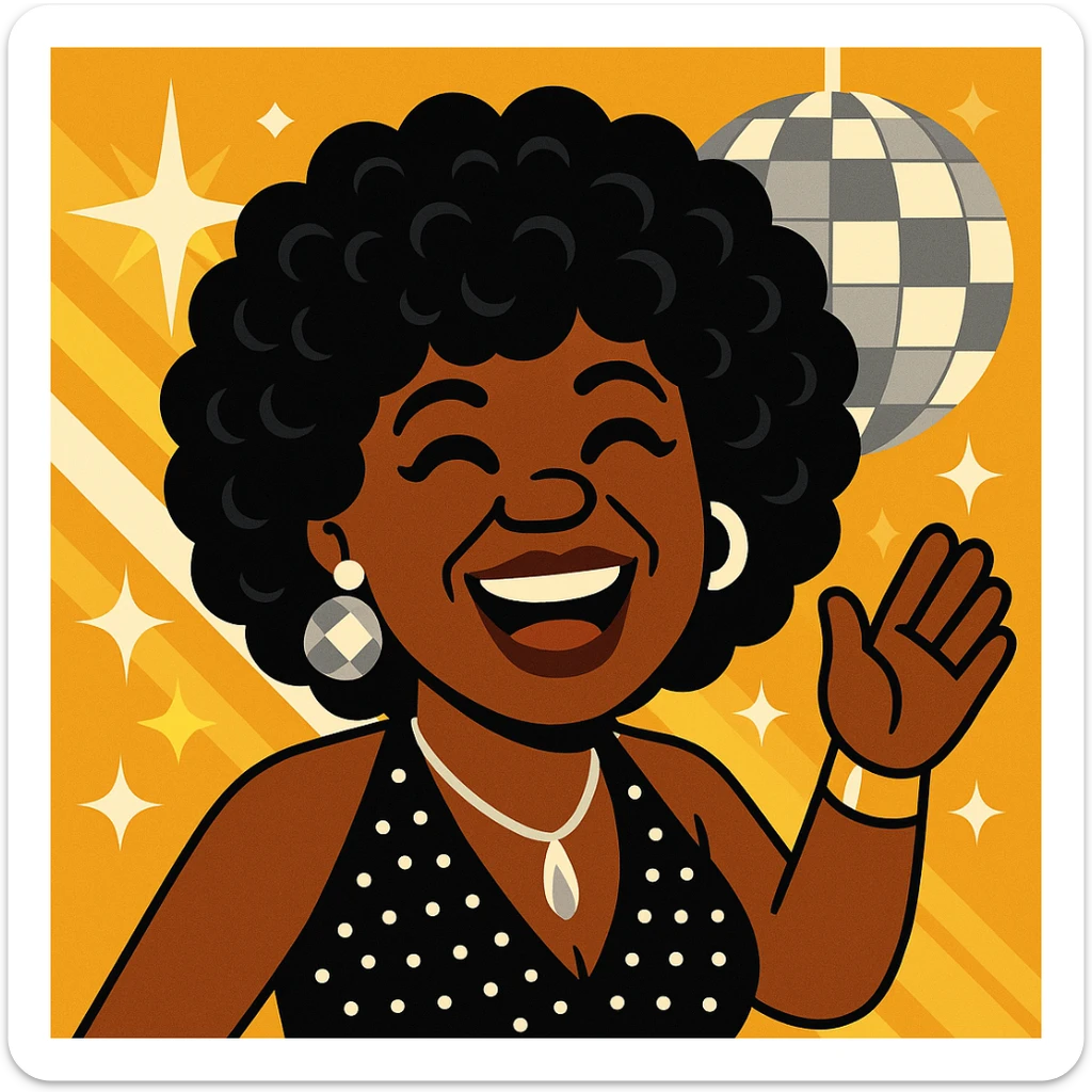 Create an emoji of this lady in a 1970s disco theme, using a color palette of black, silver, gold, and white. Capture her joyful expression and hairstyle, and dress her in a 70s disco outfit with matching accessories, in a vibrant toon style. sticker