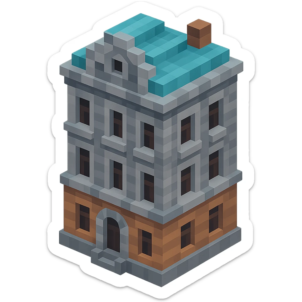 old Saint Petersburg building, classic architecture, ornate facade, gray and brown tones, isometric view sticker