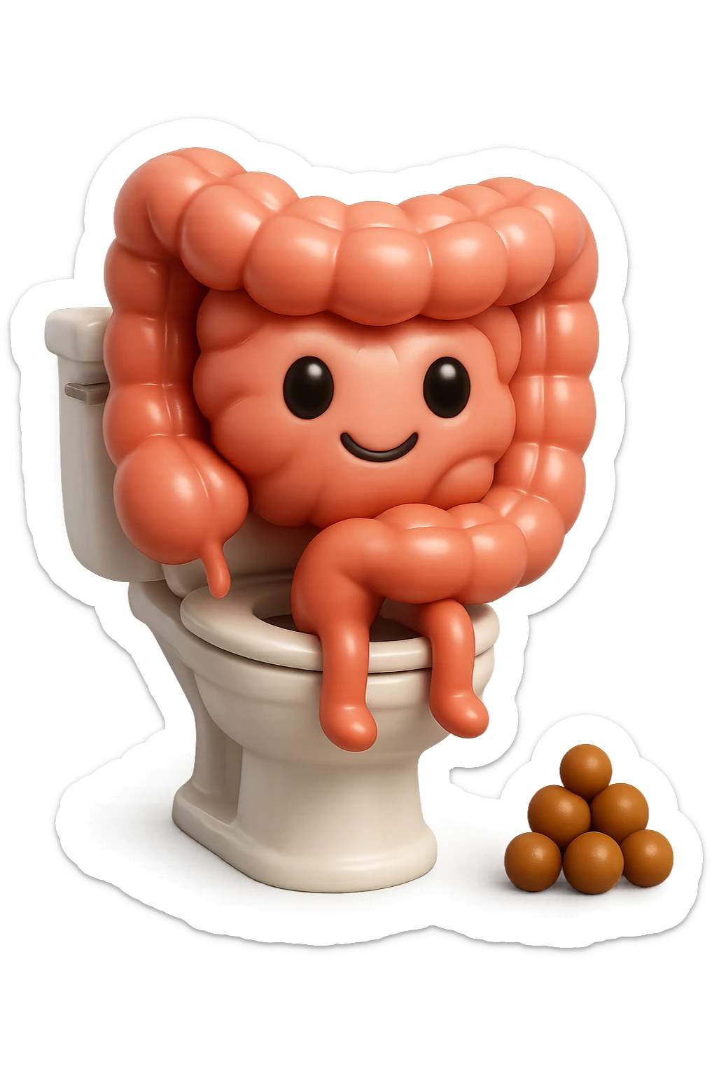 EMOJI STILE IPHONE 3D DI UN INTESTINO CHE sta seduto sul wc e davanti ha una montagnetta di feci a palline stile emoji iphone E FALLO MOLTO REALISTICO IN 3D sticker