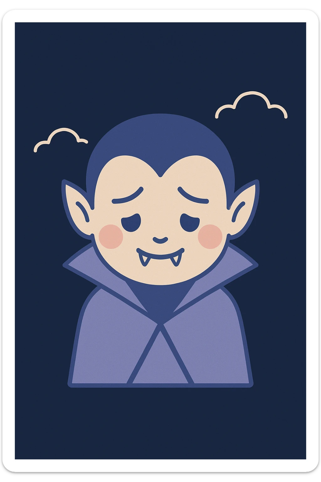 2D shy vampire emoji looking down with blush, fangs barely visible, hint of fear in eyes, dark moody background sticker