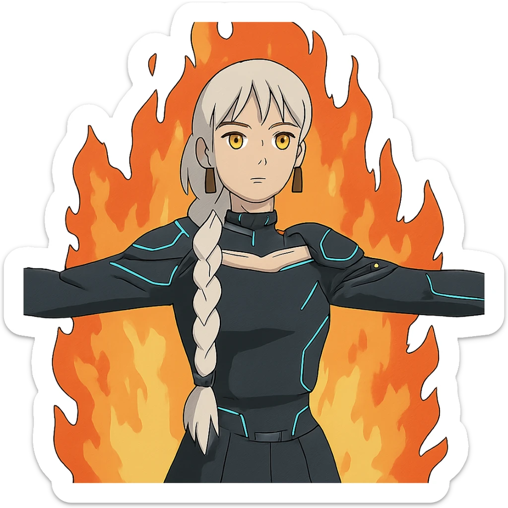  young woman with gold yellow eyes, white hair, long braid, black off-shoulder top, punk gothic style, futuristic cyberwave cyberpunk,, she is calmly t-posing in front of a raging fire sticker