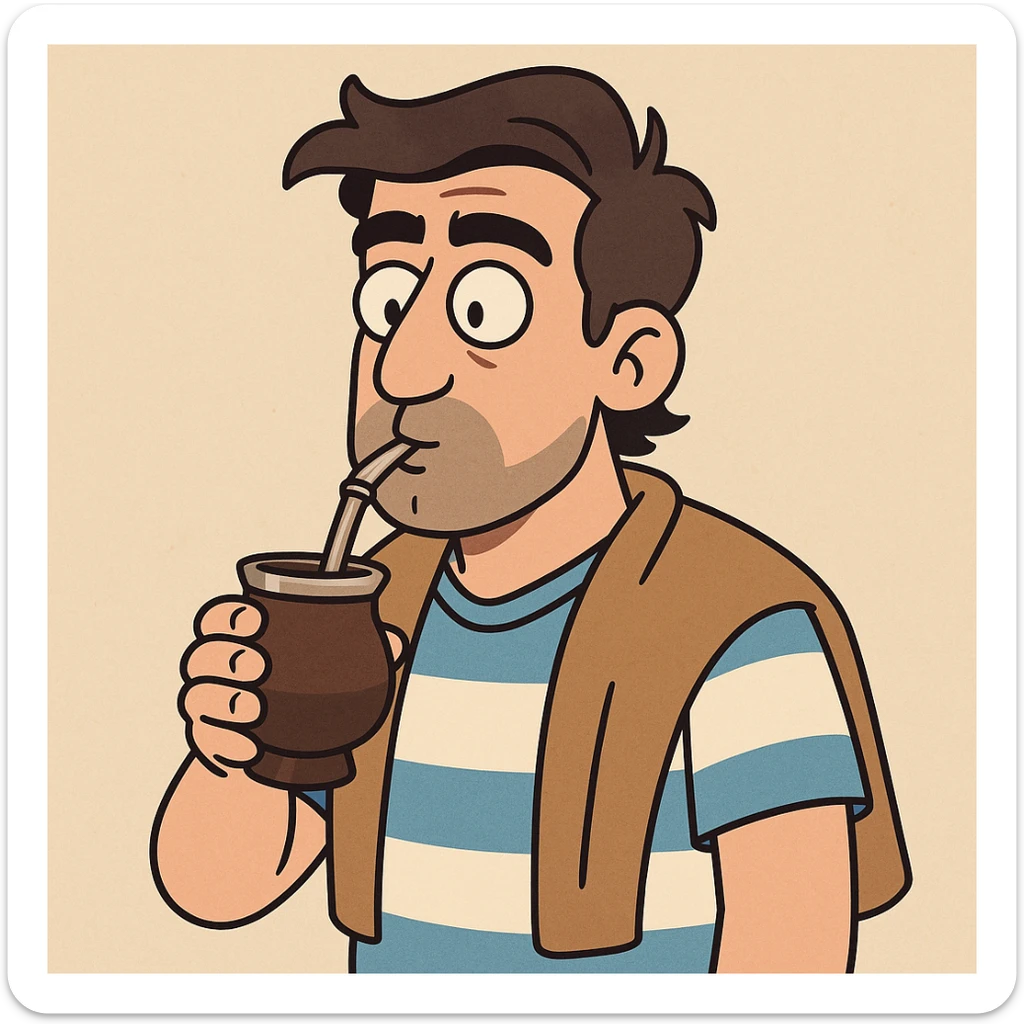 cartoon style illustration of an Argentinian man with dark hair drinking mate sticker