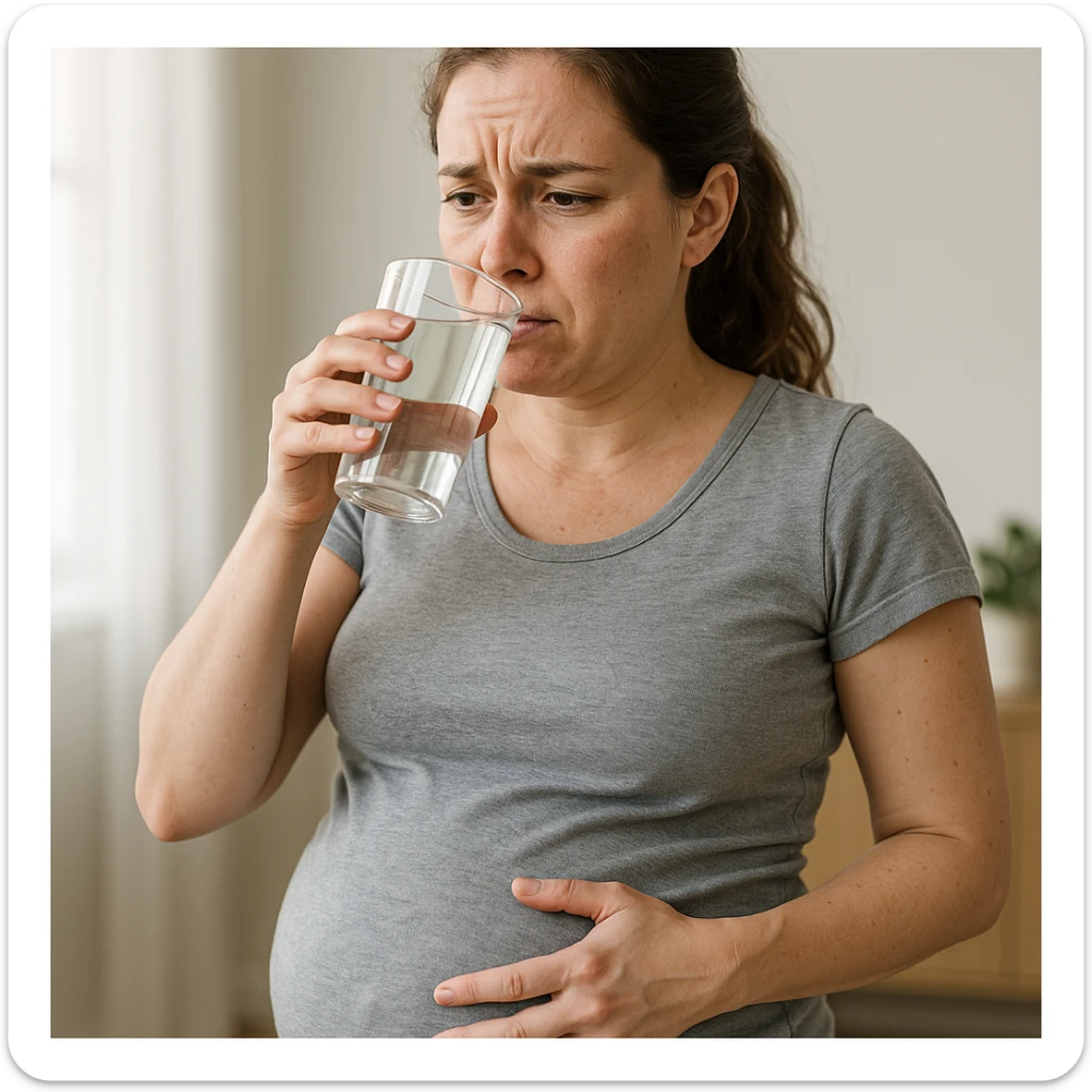 realistic woman with a swollen belly drinking water, expression of discomfort or worry, clear and informative atmosphere sticker