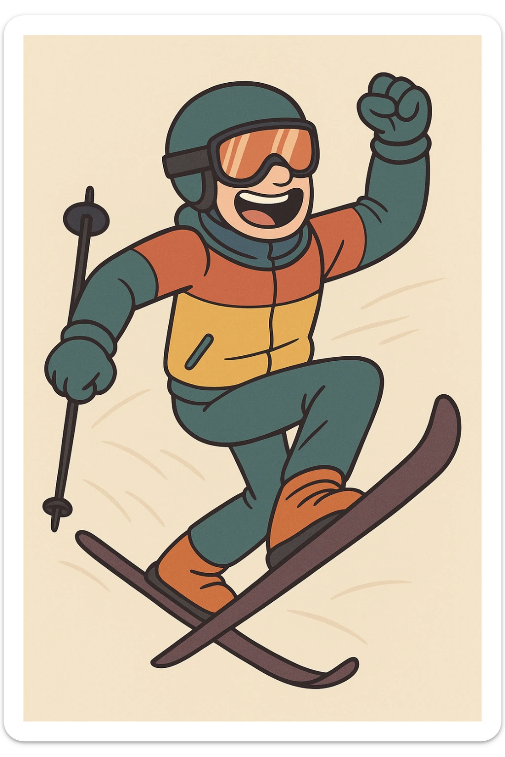 a ski guy with goggles and helmet, colorful ski suit, energetic, cartoon style sticker