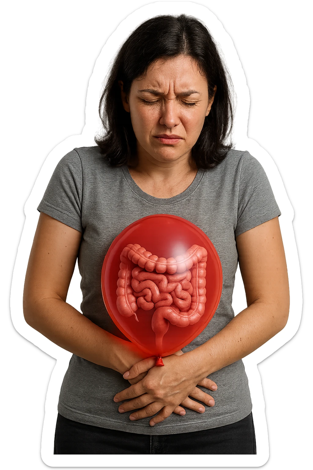 donna con mal di pancia e intestino umano anatomico chiuso in un palloncino rosso sulla pancia, iperrealistica 4k sticker