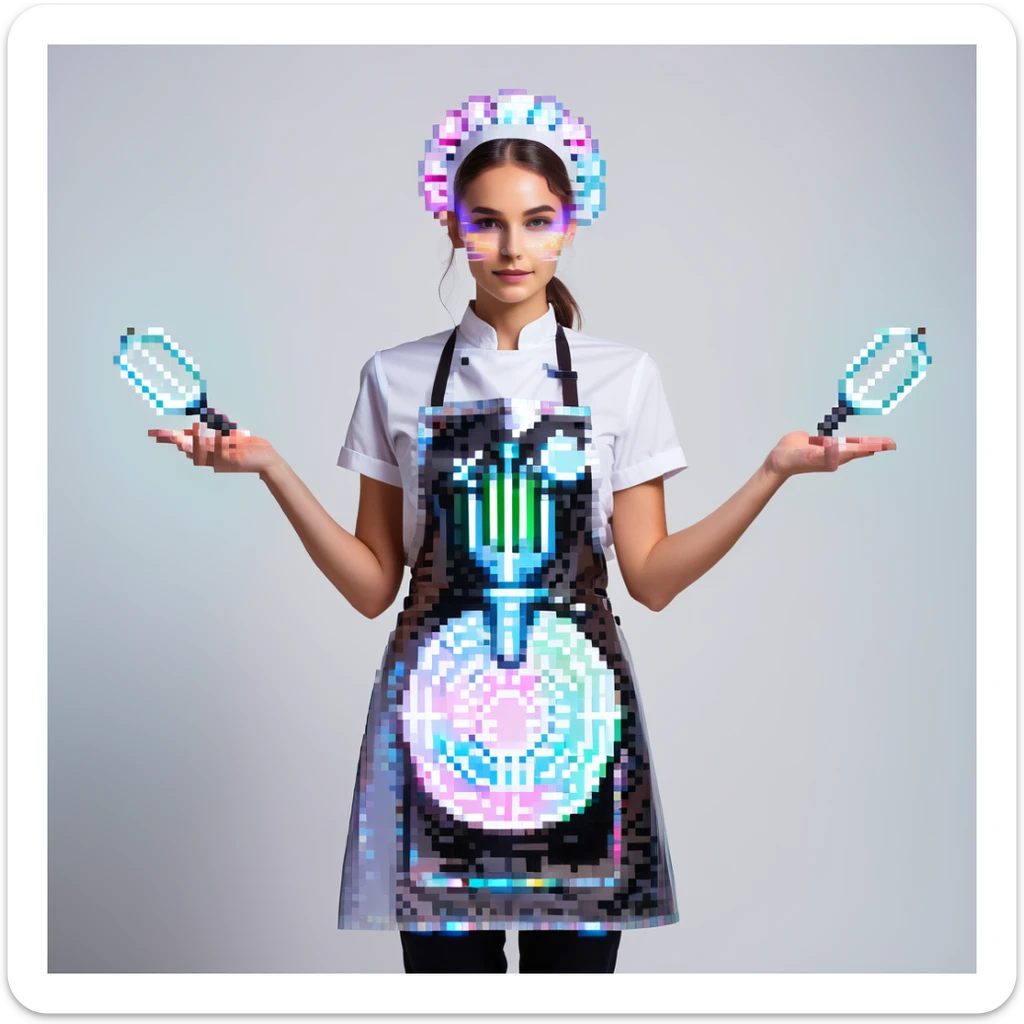 Portrait of a futuristic baker in skeuomorphism style, same pose and lighting as previous levels, wearing a translucent apron with holographic patterns, glowing hologram interface floating around hands, holding a digital whisk made of light beams, subtle neon reflections on face and clothes sticker