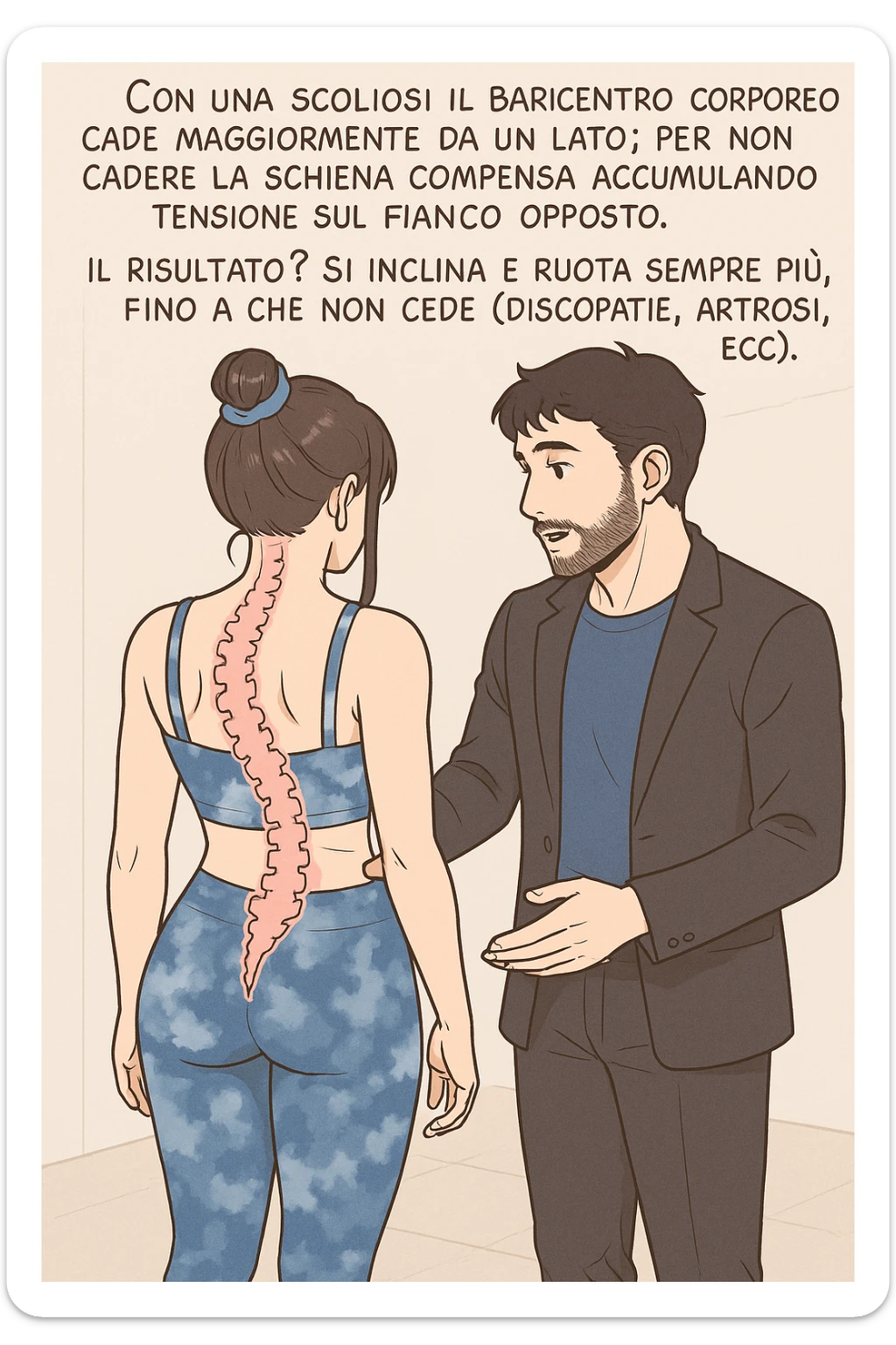 fai questa immagine in versione manga/webtoon a colori, il manga mostra la donna di spalle, mentre l'uomo le tocca la spina dorsale per spiegarle come funziona la scoliosi:
Con una scoliosi il baricentro corporeo cade maggiormente da un lato; per non cadere la schiena compensa accumulando tensione sul fianco opposto.
Il risultato? Si inclina e ruota sempre più, fino a che non cede (discopatie, artrosi, ecc) sticker