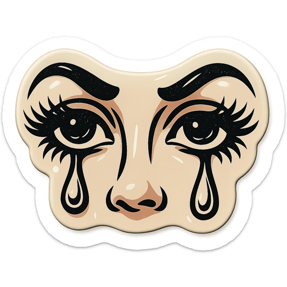 gloomy beautiful female eyes with eyelashes, tears, sharp black contours, sharp shadows and highlights, retro stickers style, no gradients sticker