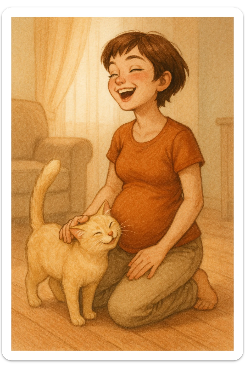 A pregnant girl with short brown hair and green eyes, kneeling on the floor with a blonde cat rubbing against her. The girl is laughing and petting the cat. sticker
