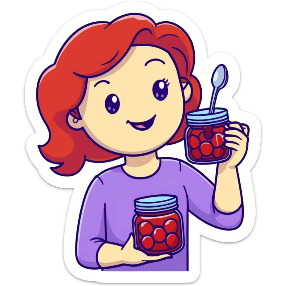 redhead woman with big smile holding a glass jar with jam in one hand and a little spoon with jam in other hand sticker