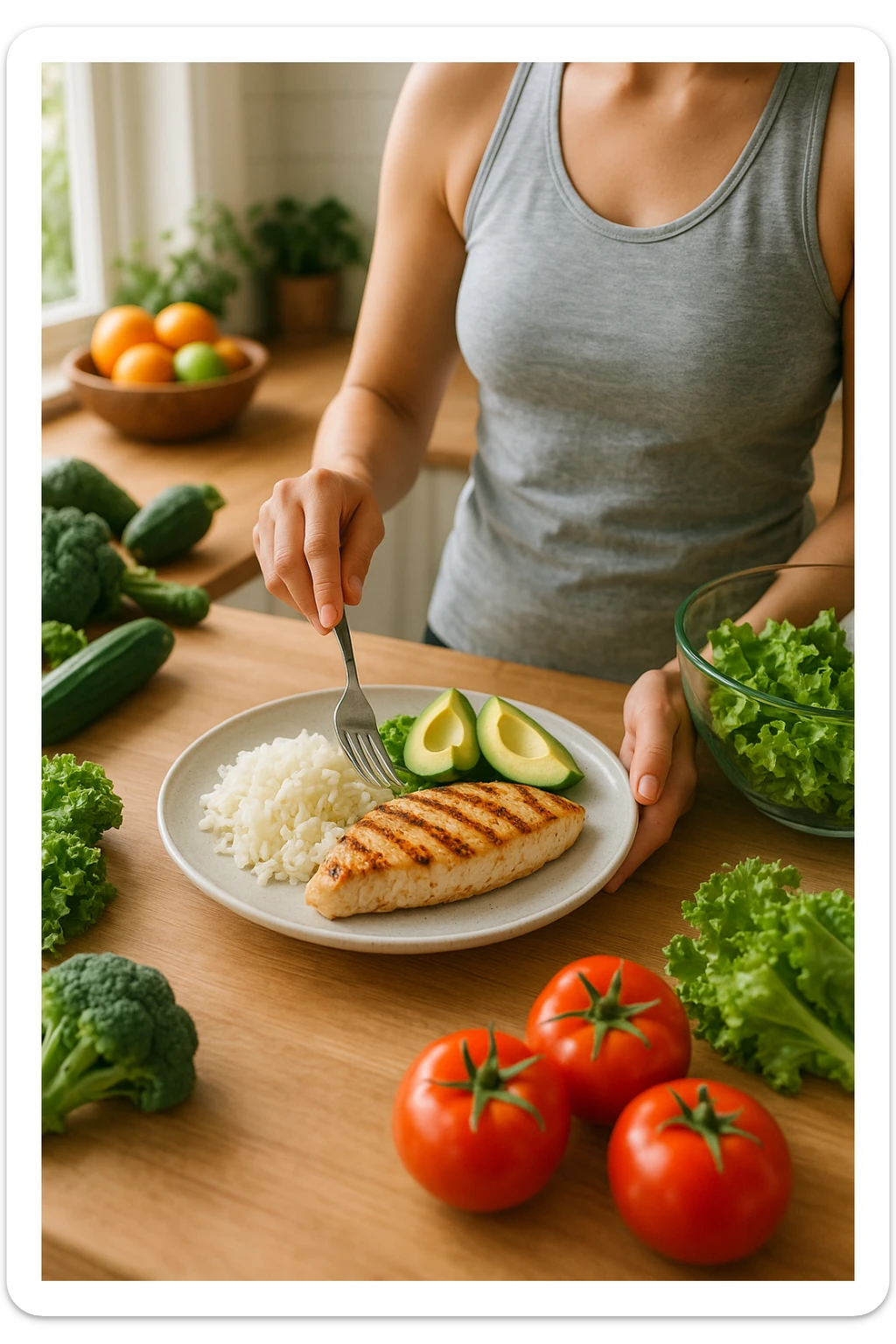 realistic scene of a woman preparing a balanced and fit meal with clearly visible carbohydrates, proteins, and fats on the plate, bright and healthy atmosphere, natural details, aspect ratio 2:3 sticker