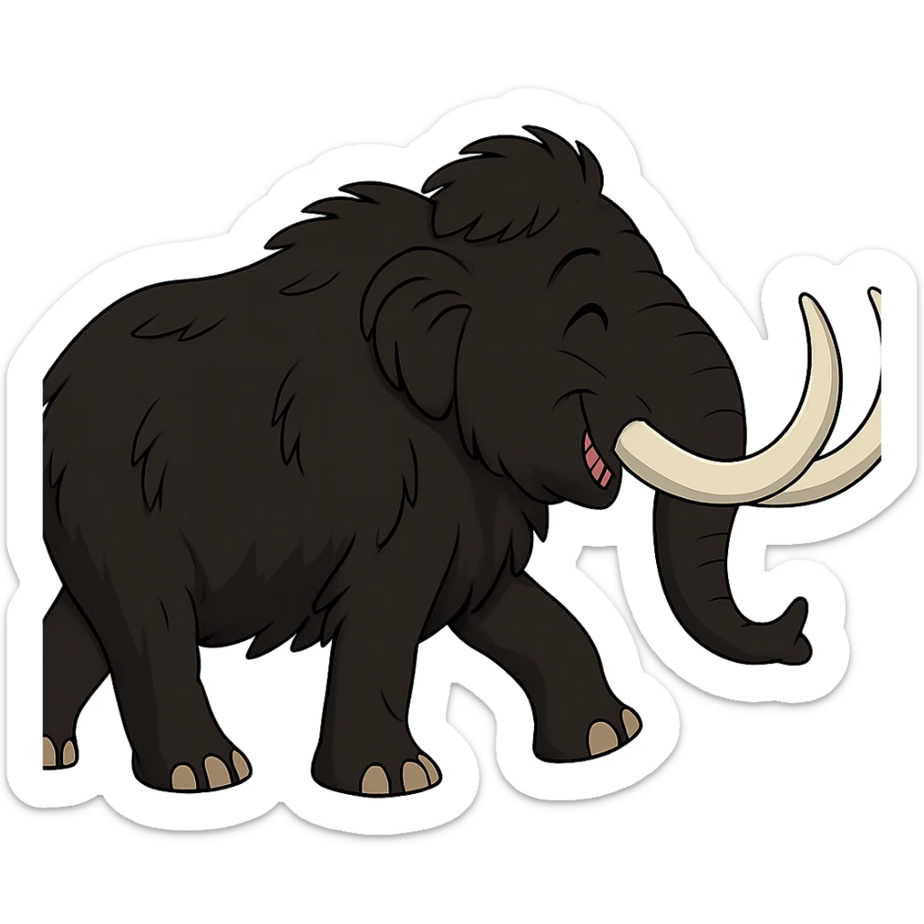 profile side view of a happy wooly mammoth with black fur and two white tusks, walking, cartoon style, no background sticker