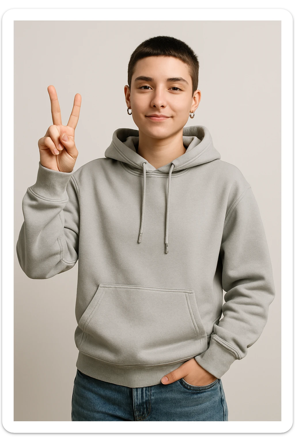 neutral gender Gen Z person showing a victory sign, casual modern style sticker
