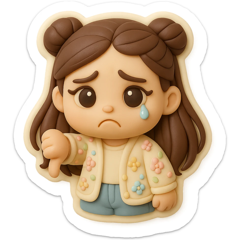 3D chibi fondant cake art style, high-quality rendering with smooth shadows and soft gradients. Girl based on reference image with long brown hair in two space buns, brown eyes, jeans, pastel floral cardigan, thick white outline like a sticker, transparent background. Thumbs down, disappointed expression. Ensure the face and hairstyle match the reference exactly. sticker