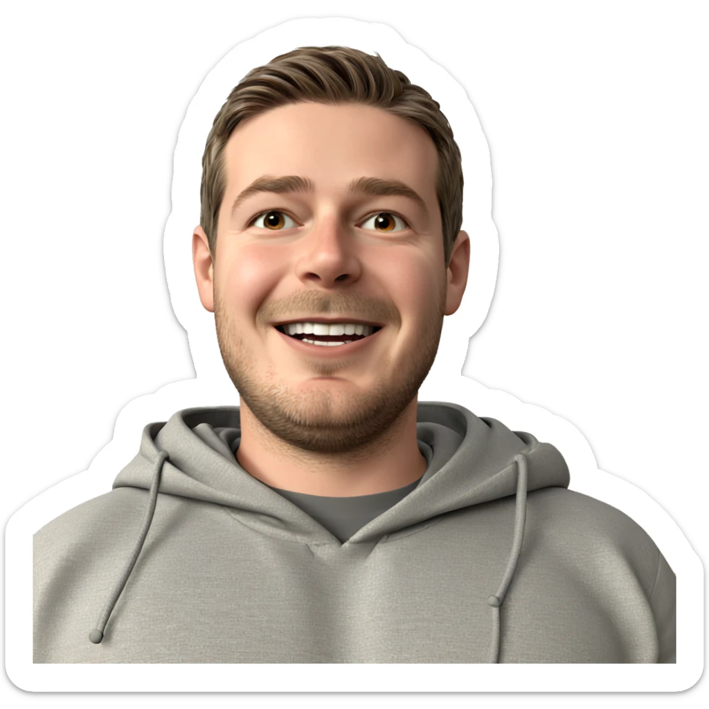smiling boy in grey hoodie sticker