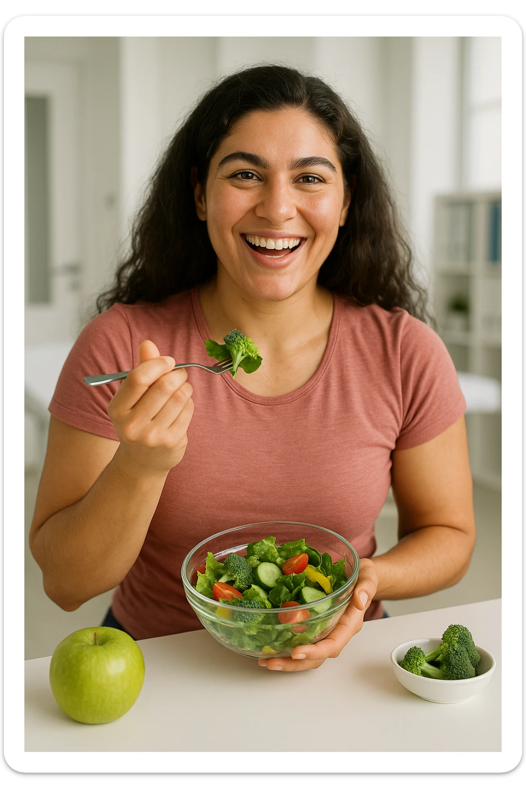realistic portrait of a woman with PCOS eating healthy, vital appearance, well-cared skin, thick hair, energetic posture, clinical atmosphere, natural lighting, vertical 2:3 aspect ratio, no text sticker