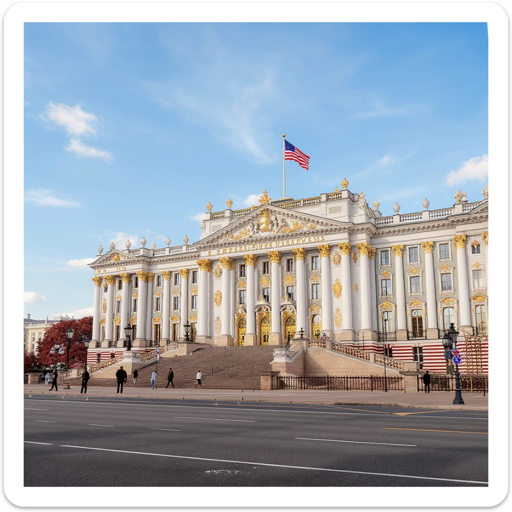 Zoom out slightly to show the whole White House parliament building in Moscow, maintaining a cinematic, realistic style with majestic ornate architecture, lifelike detail, bright lighting, and accurate colors. Keep the fully transparent background with no sky. Do not change anything else. sticker