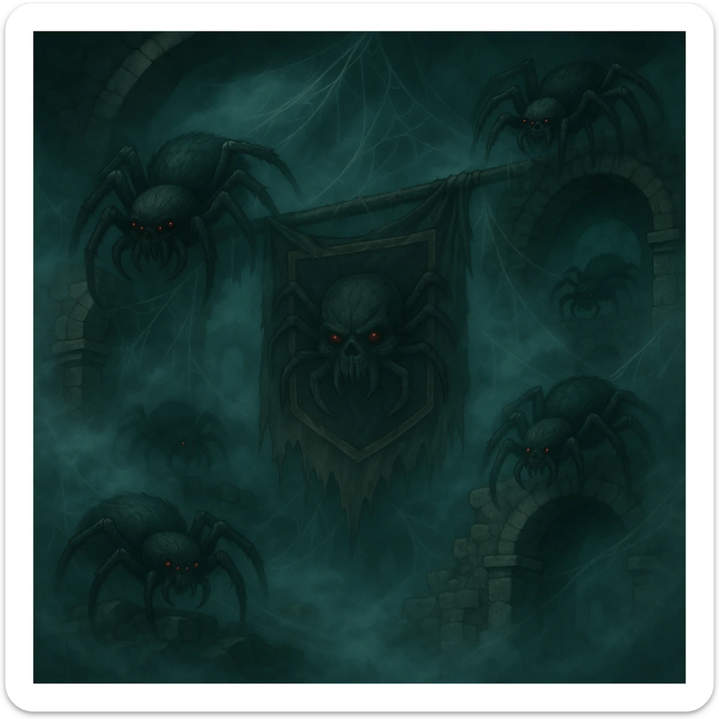 Add thick fog and swirling mist throughout the scene to enhance the creepy atmosphere, keep all other details unchanged. sticker