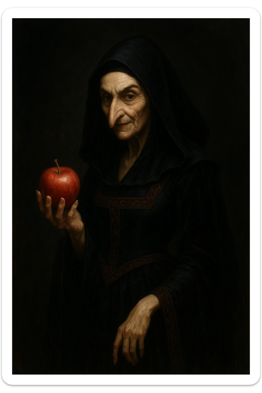 Snow White witch, elegant and sinister, medieval dress, long nose, offering a shiny apple sticker