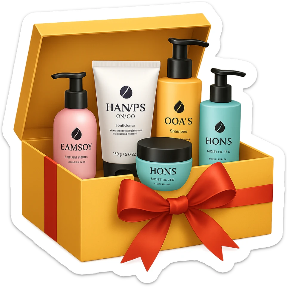 emoji of Gift box with beauty products (shampoo, creams, styling products), a gift box is beautyful open box full of luxury brand-labeled beauty products, with no background sticker