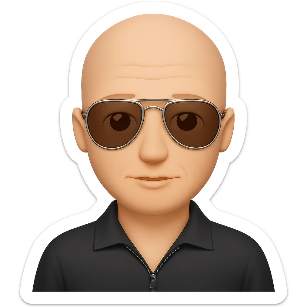 A bald guy wearing aviator sunglasses in the style of apple emojis, with no background, clean and crisp apple emoji style look. sticker
