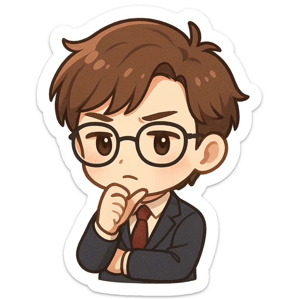 hombre joven chibi castaño, piel blanca, con pose de intelectual, fondo neutro sticker
