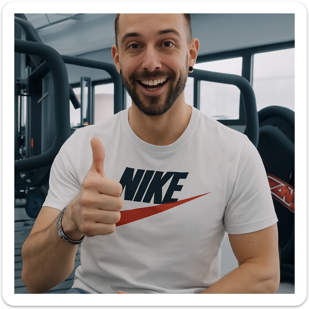 The man in the photo is making the OK gesture with his thumb up, showing an enthusiastic expression, in a gym environment, photorealistic style. sticker