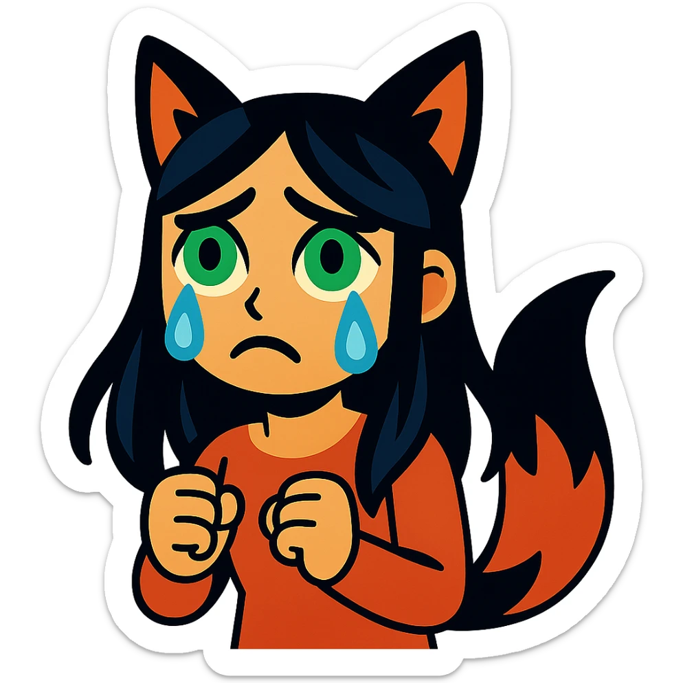 A girl with tears, black fox ears, and a tail, green eyes, dark hair sticker