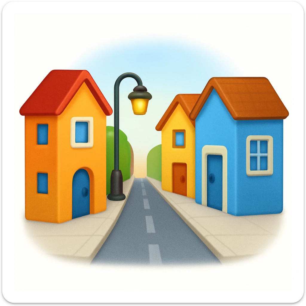 emoji of a small cozy street scene — a narrow road with a sidewalk, a few colorful buildings on the sides, and a streetlight. Soft daylight, clean design, minimal background, cheerful and detailed Apple emoji style sticker